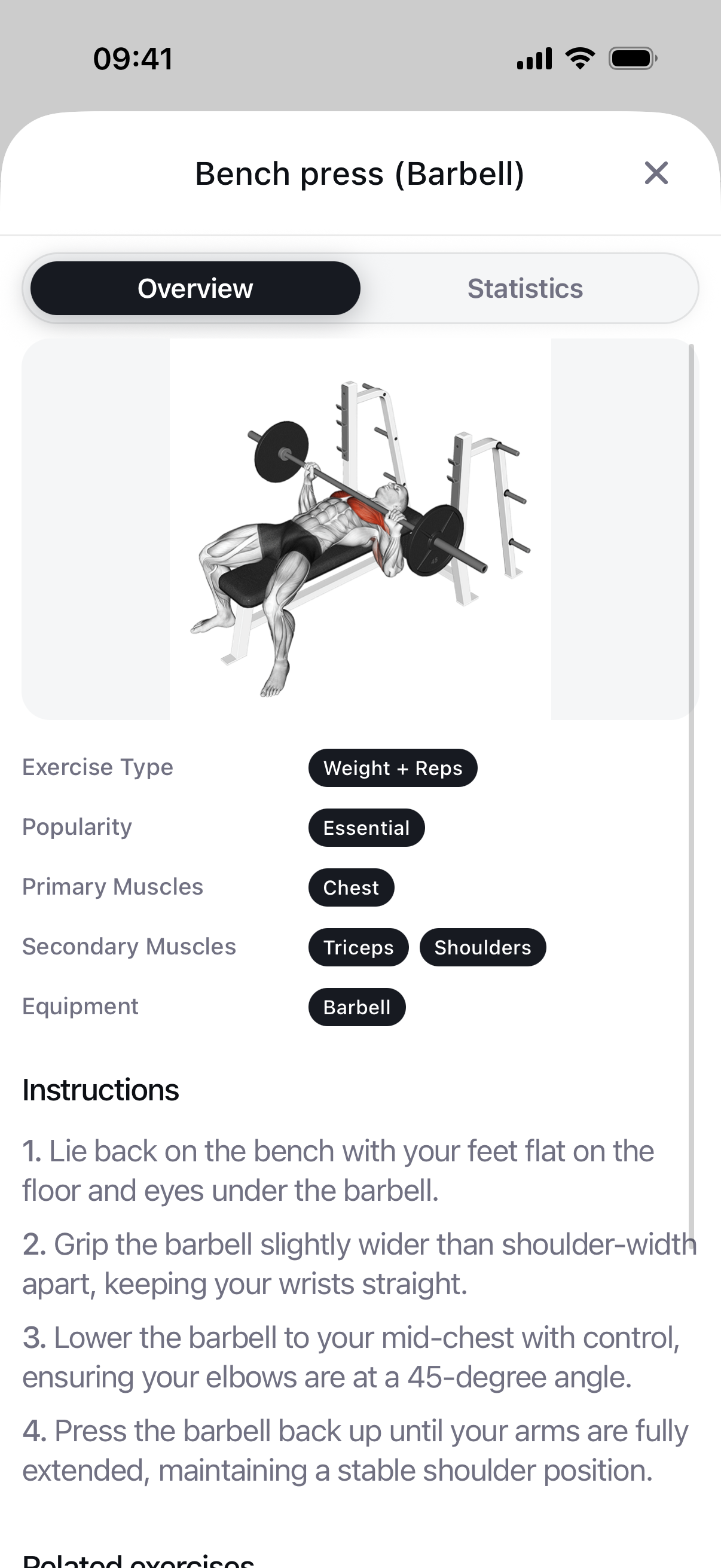 Braced exercise detail and instructions screen