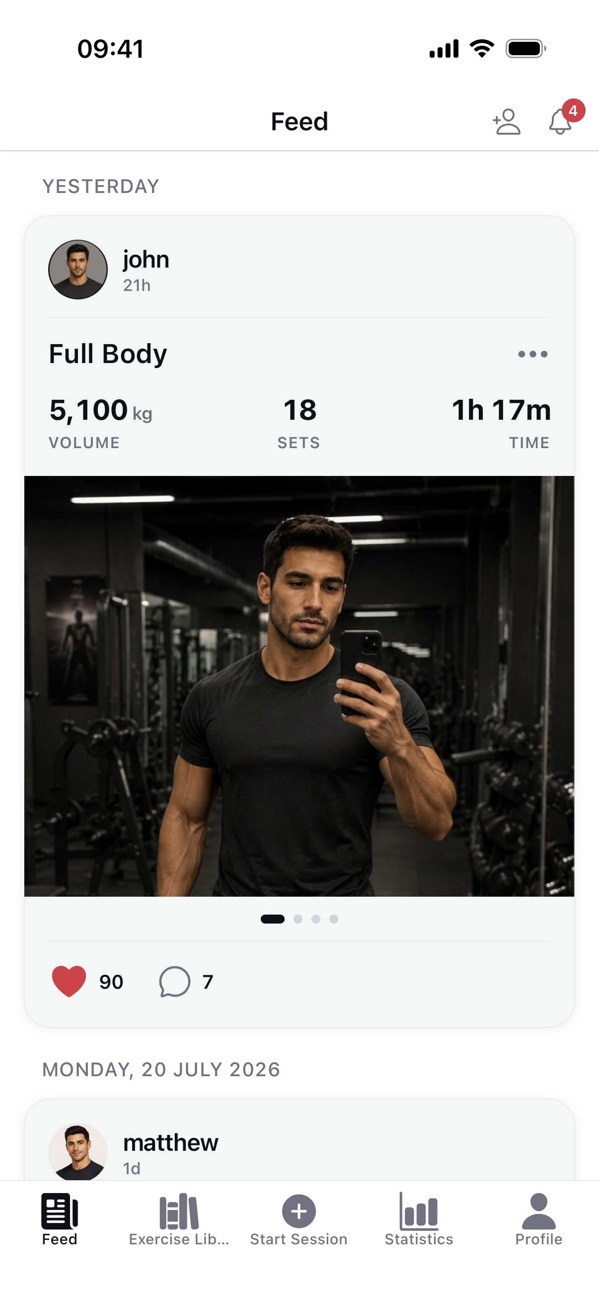Braced social feed of friends' workouts