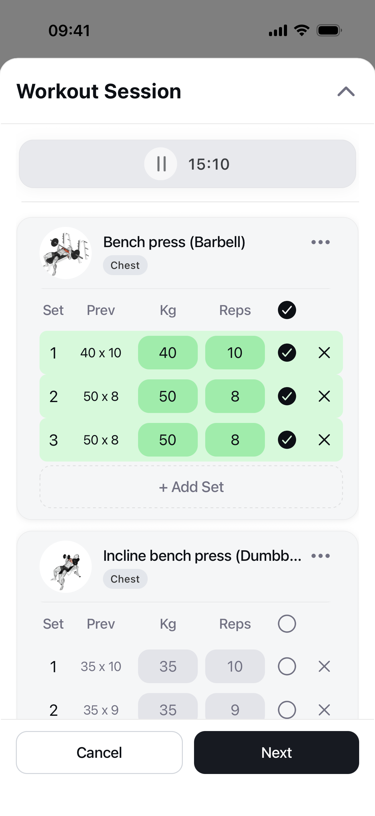 Braced workout session logging screen