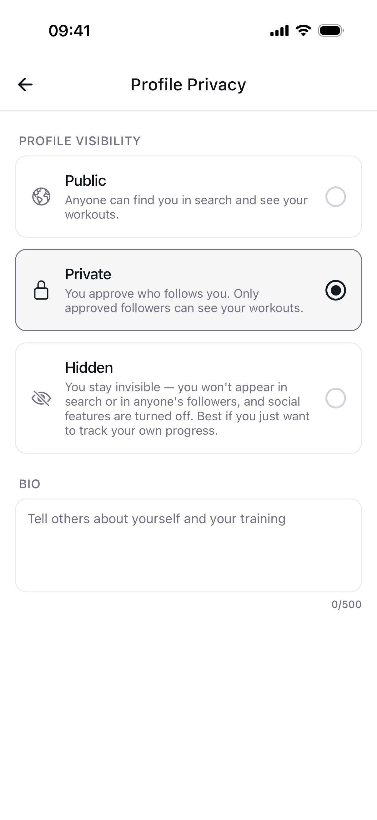 Braced profile visibility and privacy settings screen