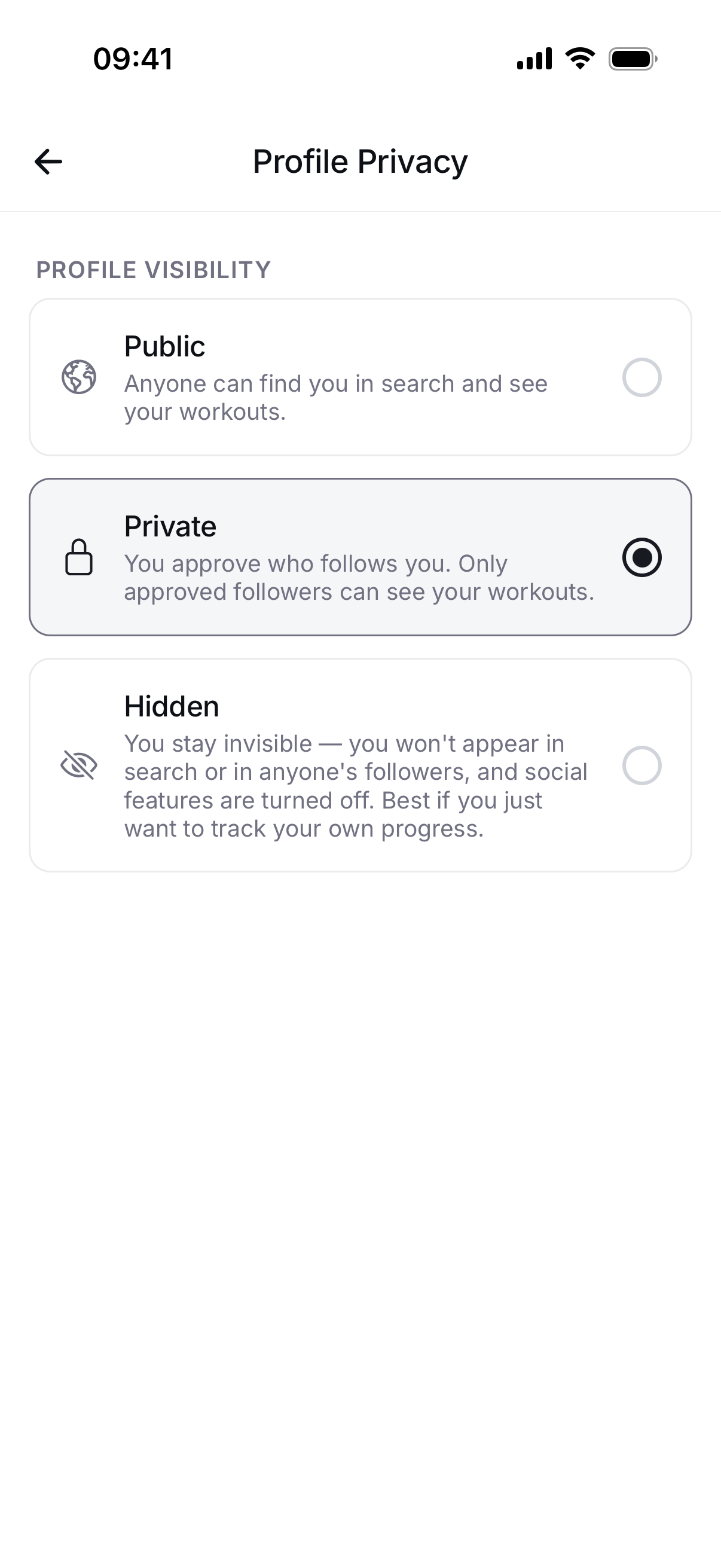 Braced profile visibility and privacy settings screen