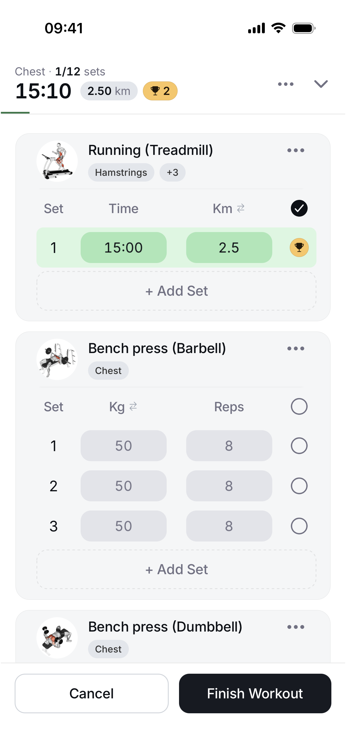 Braced workout session logging screen