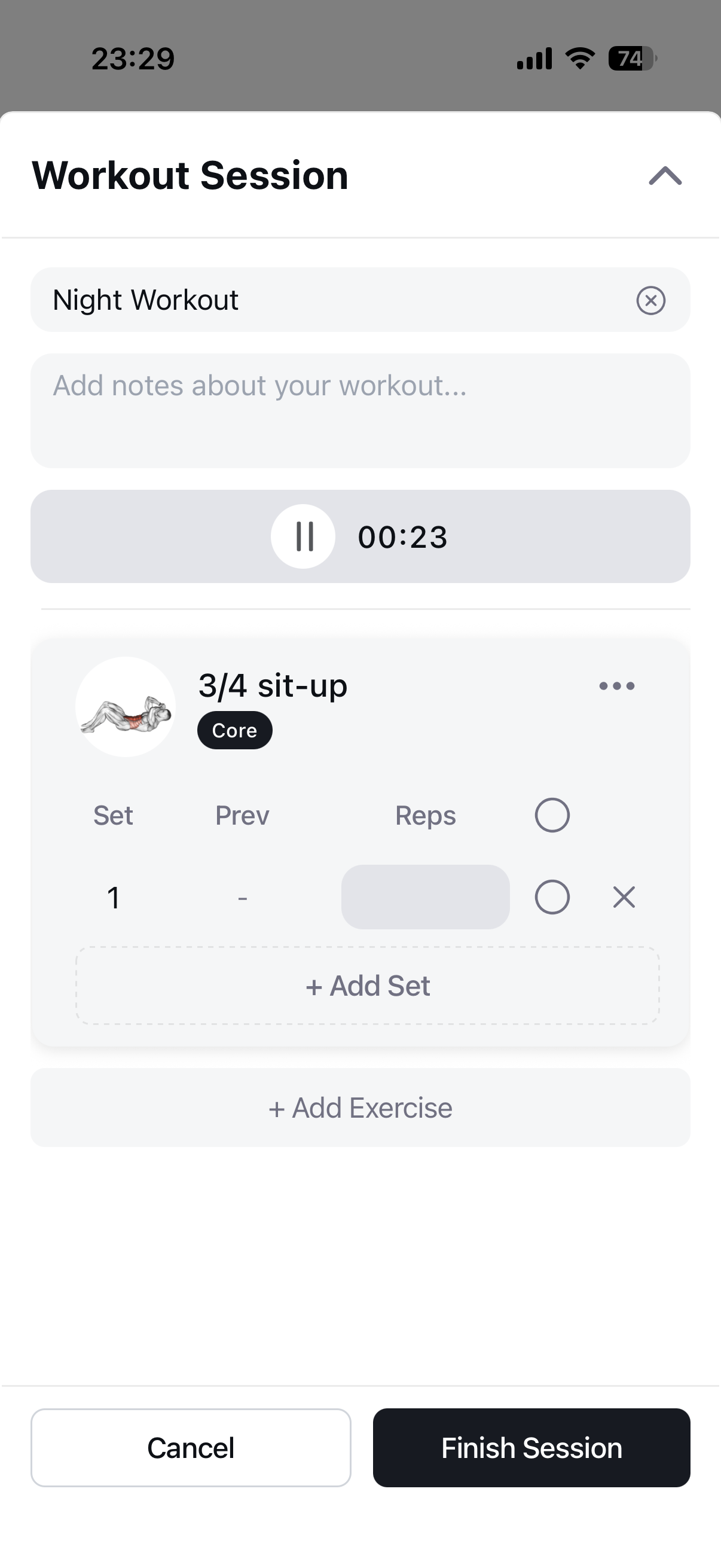 Braced workout session logging screen
